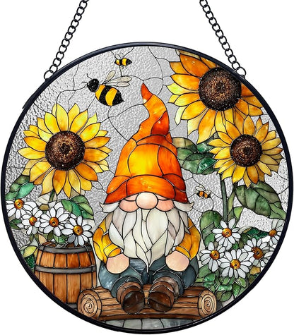 Sunflower Gnome Stained Glass Window Hanging Suncatchers, Rustic Cottage Sunflower Bee Sun Catchers Indoor Window Glass Wall Art Decor, Daisy Garden Wall Hanging Decor Sculptures, 7.9x7.9in