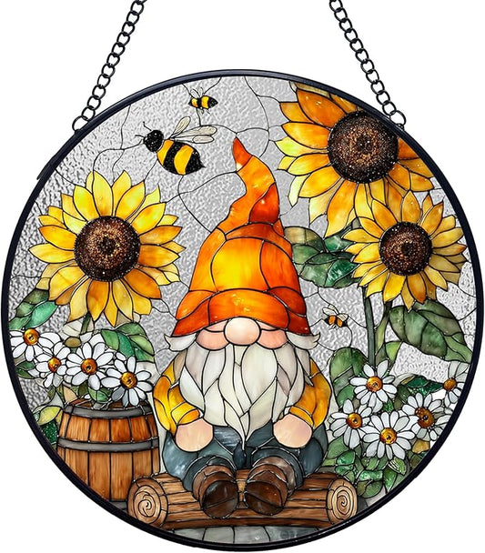 Sunflower Gnome Stained Glass Window Hanging Suncatchers, Rustic Cottage Sunflower Bee Sun Catchers Indoor Window Glass Wall Art Decor, Daisy Garden Wall Hanging Decor Sculptures, 7.9x7.9in