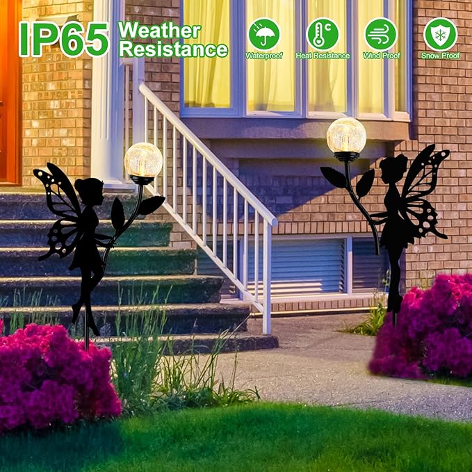 Ouddy Decor 2 Pack Solar Fairy Garden Decor, Metal Statues with Crackle Glass Globe Lights Silhouette Waterproof for Outdoor Lawn Patio Yard Pathway Home Christmas Decorations Gardening Gifts