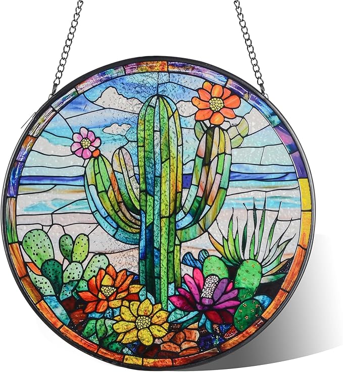Cactus Suncatcher Decor, Cactus Stained Glass Window Art Beach Decor Sea Glass Hanging - 7.9" Outdoor/Indoor Art Decor for Home Garden