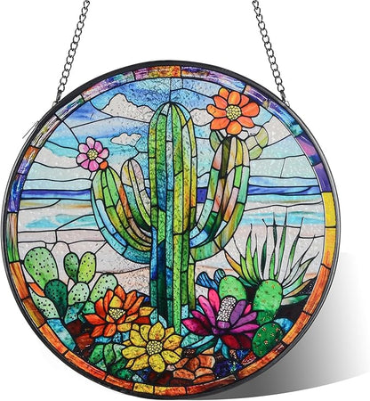 Cactus Suncatcher Decor, Cactus Stained Glass Window Art Beach Decor Sea Glass Hanging - 7.9" Outdoor/Indoor Art Decor for Home Garden