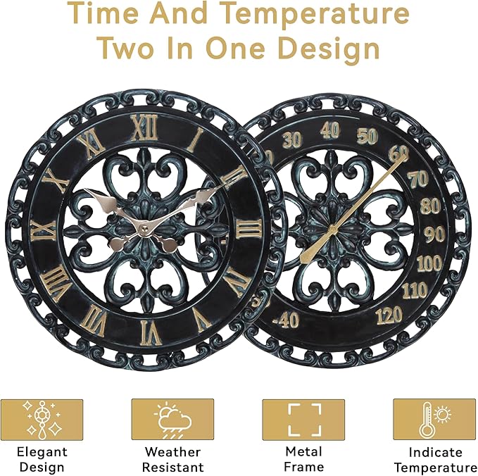 Lily's Home Hanging Verdigris Wall Clock and Dial Thermometer Set, Ideal for Indoor and Outdoor Use, Makes a Great Housewarming Gift, Black (13 Inches)