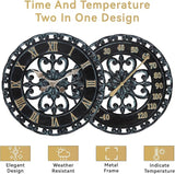 Lily's Home Hanging Verdigris Wall Clock and Dial Thermometer Set, Ideal for Indoor and Outdoor Use, Makes a Great Housewarming Gift, Black (13 Inches)