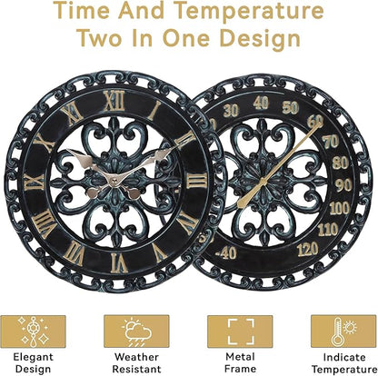 Lily's Home Hanging Verdigris Wall Clock and Dial Thermometer Set, Ideal for Indoor and Outdoor Use, Makes a Great Housewarming Gift, Black (13 Inches)