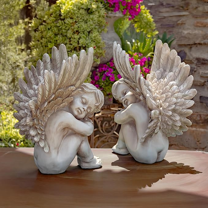 Zaer Ltd. Set of 2 Cherub Statues in Stone Grey Finish (20" T. Thomas & James)
