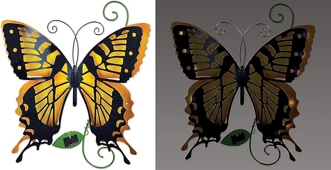 Sunset Vista Designs 94437 Outdoor Metal Sculpture Solar Lights Collection Hanging Yard and Garden Art for Fence or Wall, 17.32", Butterfly - Yellow