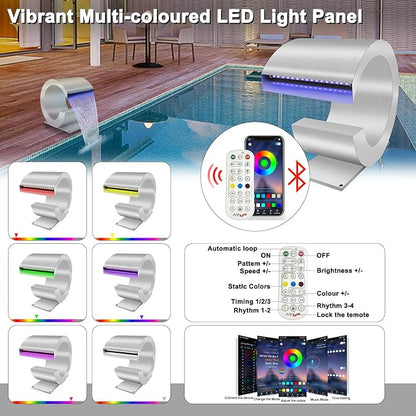 LONGRUN J-Shaped Waterfall Spillway Stainless Steel Swimming Pool Fountain, RF & APP Controled LED Light Outdoor Pond Waterfalls Kit for Garden Patio Swimming Pool Koi Ponds Decoration -13.6" Height