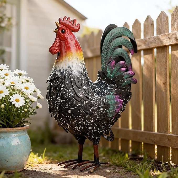 Metal Rooster Statue Chicken Decor, Rustic Farmhouse Spring Garden Yard Art, Weather Resistant Outdoor Sculpture for Patio Lawn Backyard, Ideal for Home Kitchen Decor