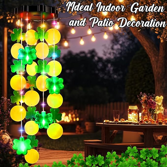 Shamrock Shell Solar Wind Chimes Outdoor with Shamrock Clover Design 27.5 Inch LED Shell Gradient Lights Hanging Decor for Garden, Yard, Patio, Porch