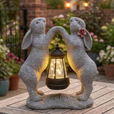 Rabbit Solar Garden Statue, Outdoor Double Bunny Decorations with Hanging Lantern, Bunny Figurines Decor for Patio Yard Lawn, Whimsical Housewarming Gifts for Women & Garden Lovers
