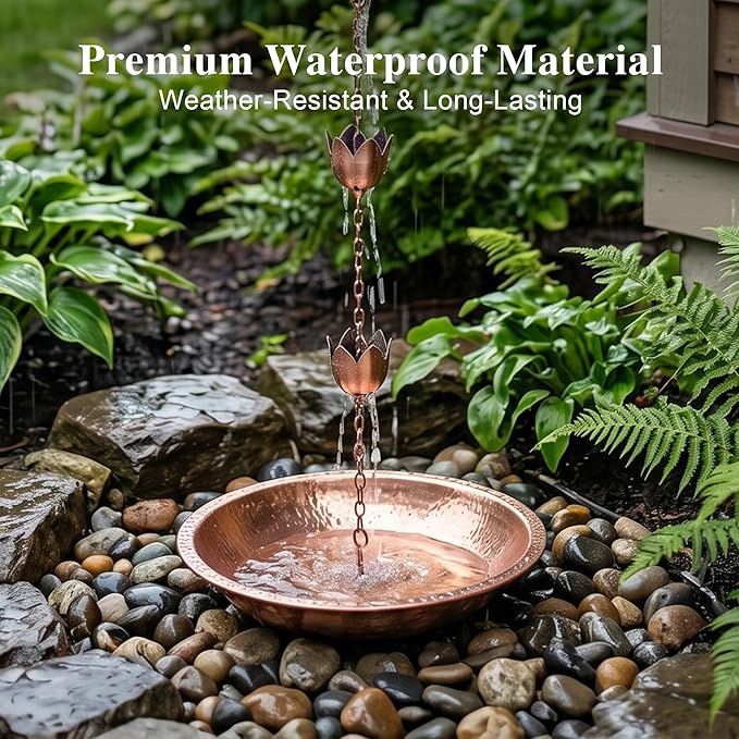 Topadorn 8.5 FT Metal Lotus Rain Chain with 11 Tulip Shaped Copper Cups for Outdoor Home Garden Decor Replacement for Gutter Downspouts, Divert Water and Home Display