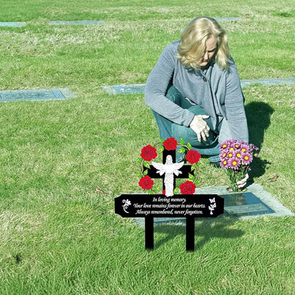 Jesus Grave Decorations for Cemetery - Metal Memorial Stake with 5 Red Roses - Sturdy Thickened Remembrance Plaque, Religious Cemetery Markers for Graveside, Mother’s Day (Jesus)