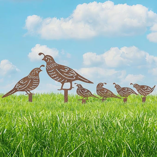 6Pcs Rusty Quail Yard Art Decor, Metal Birds Decorative Garden Stakes for Outside, Bird Lover Gifts for Women Mom Grandma Wife, Metal Garden Decor for Patio Lawn Pathway Backyard Ornament