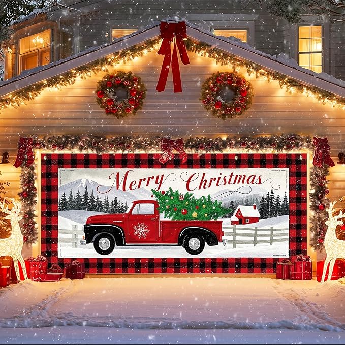 IVN Vintage Red Truck Christmas Tree Mountain Scene Garage door banner Door Cover Indoor And Outdoor Studio Background Hanging Decoration 13x6ft