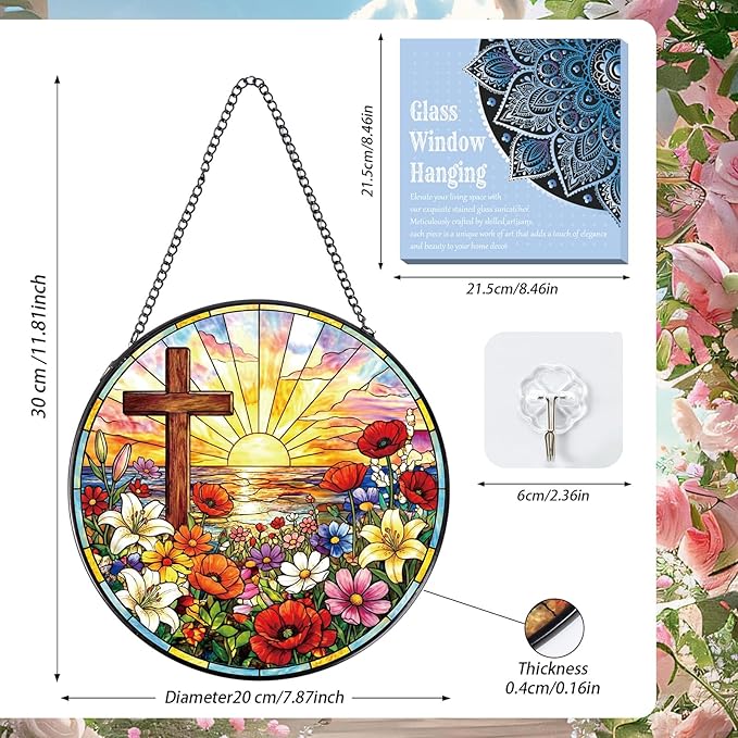 Rngmsi Cross Stained Glass Window Hanging, 8 Inch Wildflower Sunset Sun Catcher Gift, Religious Easter Faith Christian Gifts for Wall Art Landscape Hanging Home Decor