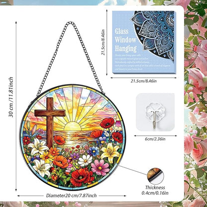 Rngmsi Cross Stained Glass Window Hanging, 8 Inch Wildflower Sunset Sun Catcher Gift, Religious Easter Faith Christian Gifts for Wall Art Landscape Hanging Home Decor
