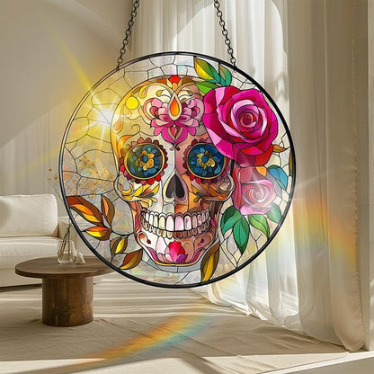 VAIIEYO Skull Rose Acrylic Sun Catcher Window Hanging Decoration, 7.8 Inch Double-Sided Light Reflecting Ornament for Window, Garden, Porch or Balcony Decor, Housewarming, Gift for Natural Lovers
