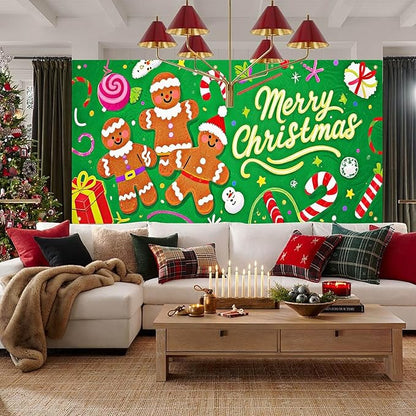 HOMETITUTE Merry Christmas Garage Door Banner 13x6ft Festive Gingerbread Man Candy Gift Boxes Holiday Door Cover Outdoor Yard Decoration Seasonal Display