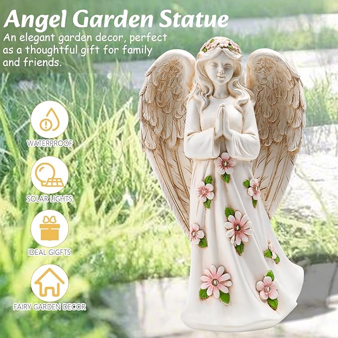 Angel Statue for Garden - 9.65 inches Guardian Solar Outdoor Statue, Praying Anel Statues Gardening Gifts for Mom Grandma Lawn Ornaments Figurines for Outdoor Decor