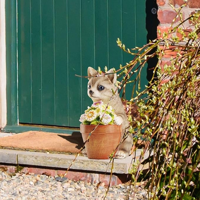 Muldale Cat Solar Light - Cat Garden Statue Outdoor - Solar Powered Cat Garden Decor for Outside - Hand Painted Floral Plant Pot Light Up Cat, Brown