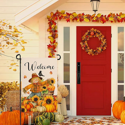 Fall Scarecrow Garden Flag Welcome Pumpkin Yard Flag Auttumn Suflower Bird Maple Leaves Garden Flags Thanksgiving Seasonal Farmhouse Rustic House Banner for Outside Patio Decor 12 x 18 Inch