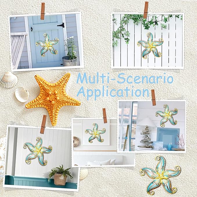Starfish Coastal Wall Decor Art, Starfish Beach Theme Bathroom Decor for Bedroom House Home, 12" Hanging Glass Sculpture, Beach Wall Art Ocean Gifts for Women & Men (Blue)