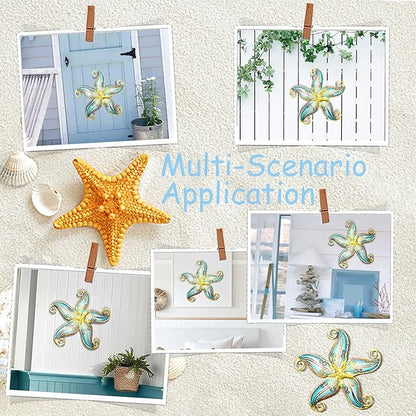 Starfish Coastal Wall Decor Art, Starfish Beach Theme Bathroom Decor for Bedroom House Home, 12" Hanging Glass Sculpture, Beach Wall Art Ocean Gifts for Women & Men (Blue)