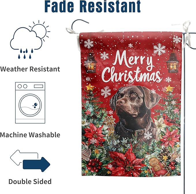 Christmas Chocolate Lab Garden Flag Merry Christmas Labrador Dog Yard Flag for Outside Xmas Flags 12x18 Double Sided Red Poinsettia Garden Flags Winter Porch Outdoor Decor