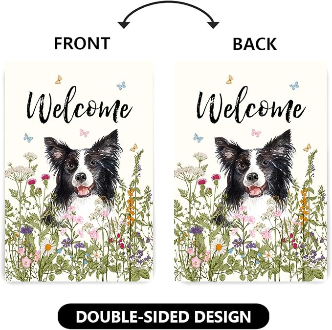 Floral Border Collie Garden Flag Spring Summer House Flags 28 x 40 Double Sided Flower Dog Yard Flags for Outside Large Outdoor Welcome Flags
