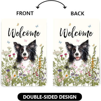 Floral Border Collie Garden Flag Spring Summer House Flags 28 x 40 Double Sided Flower Dog Yard Flags for Outside Large Outdoor Welcome Flags