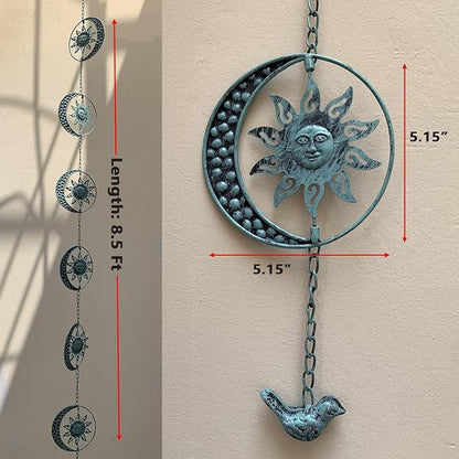Sun and Moon Decorative Rain Chain, 8.5 Ft Rain Chains for Gutters, Metal Garden Decor Rain Chime, Functional Replacement Catcher Chains for Outside Downspouts, Rotational Sun Face Design