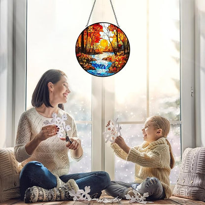 Sunset Suncatcher Stained Glass Window Hanging - Handmade Tree River Sun Catchers Home Outdoor Garden Decor - Sucnatchers for Windows Hanging Ornaments - Mother's Day Birthday Gifts for Mom Grandma
