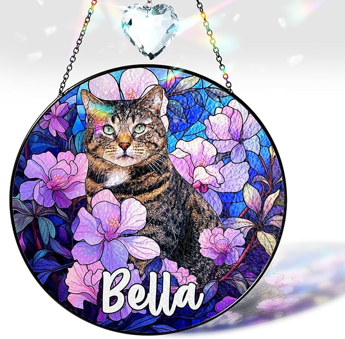 Personalized Pet Stained Glass Suncatcher Custom Name Pet Photo Ornament Window Hanging Holiday Home Decor Sympathy Gift for Loss of Dog Cat Memorial Keepsake Remembrance Gift for Dog Lovers