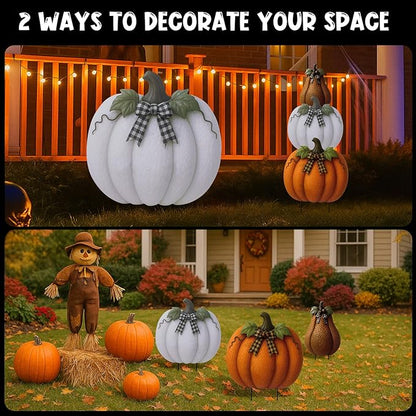 3 Pcs Thanksgiving Metal Stacked Pumpkin Garden Stakes Outdoor 3D Retro Pumpkin Decoration Fall Yard Stakes Lawn Signs Decorative for Autumn Harvest Holiday Pathway Patio Decor