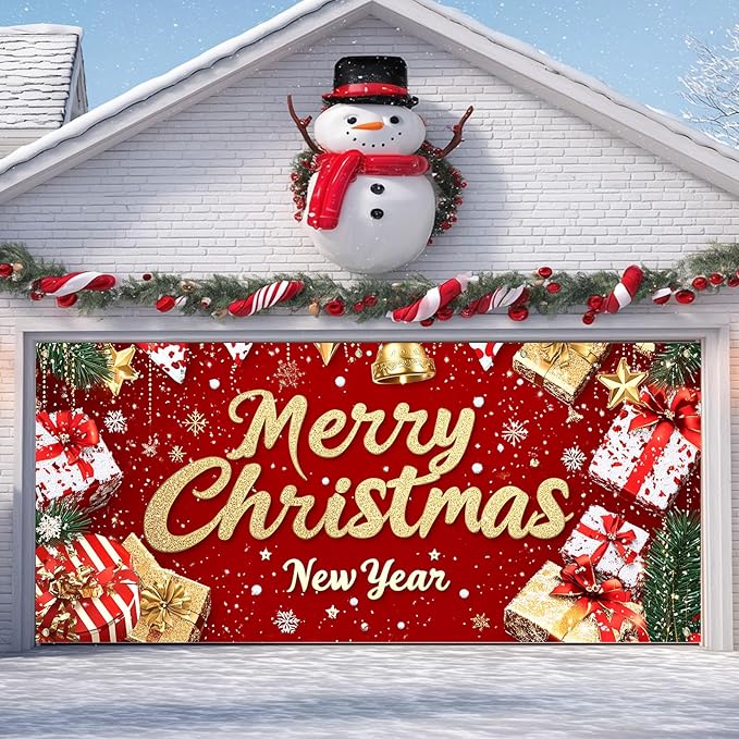 IVN Christmas Garage Door Cover Decoration 13x6ft Red Glitter Wrapped Gifts Golden Bells Snowflakes Merry Christmas Winter Garage Door Banner Home Door Front Yard Decor for Xmas Eve Holiday Outdoor