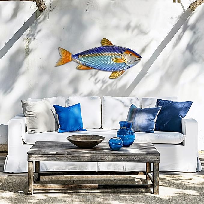 LIFFY Metal Fish Wall Decor,32“ Large Metal & Glass Tuna Artworks Home Decorative Ornaments,Indoor Outdoor Ocean Coastal Wall Hanging Decorations for Pool Garden Yard Patio