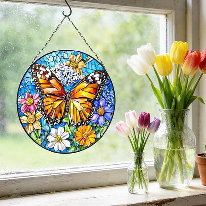Butterfly Stained Glass Window Hanging Suncatchers, Flower Sun Catchers Indoor Window Glass Wall Art Decor,Birthday Gifts for Women 7.87"