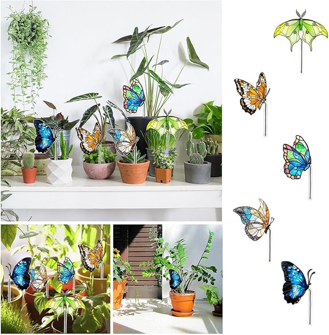 Bird Butterfly Flower Plant Pot Stake Decoration, 4.7 Inch 2D Colorful Acrylic Bird Butterfly Garden Ground Insert Decor, Outdoor Yard Lawn Pathway Patio Art Ornaments, Gifts for Mom (L)