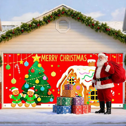 IVN Merry Christmas Garage Door Banner 13x6ft Gingerbread House Christmas Tree Candy Decoration Outdoor Winter Photo Prop for Holiday Yard Garage Door Scene