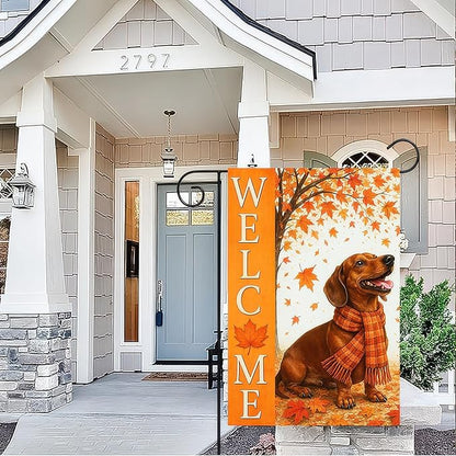 BlissYard Thanksgiving Fall Garden Flag 12x18 Inch Welcome Dachshund Outdoor Flag Double Sided Autumn Yard Banner with Dog and Maple Leaves for Porch Lawn Patio Seasonal Decor