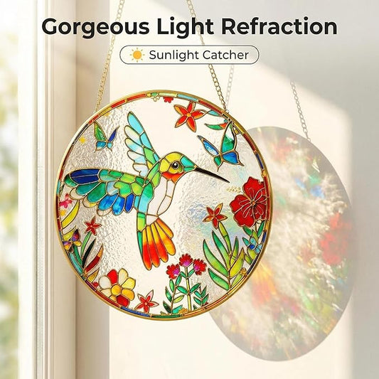 LITIVY Stained Glass Suncatcher Spring Flowers & Hummingbird, 8 Inch Handmade Multi-Color Window Hanging Decor for Garden, Sun Catcher Home Decor for Women