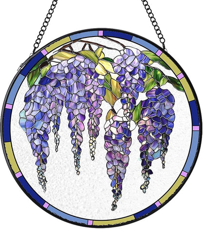 Stained Glass Suncatchers Window Hanging, Wisteria Flower Sun Catchers Indoor Window Stained Glass Hanging Garden Decor, Birthday Gifts for Mom Grandma Aunt Sister Bestie 7.8 in