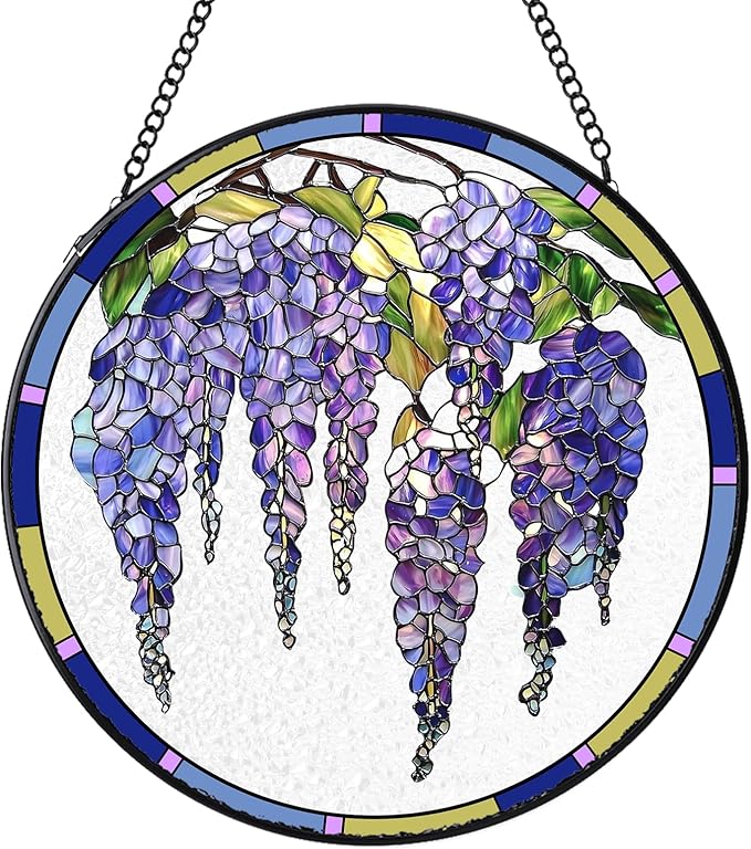 Stained Glass Suncatchers Window Hanging, Wisteria Flower Sun Catchers Indoor Window Stained Glass Hanging Garden Decor, Birthday Gifts for Mom Grandma Aunt Sister Bestie 6.3 in