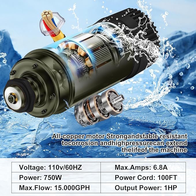 Pond Fountain Aerator 1 HP, 750 W 15,000 GPM 110V/120V Includes 100-foot Power Cord Pond Aerator Multi-Function Timer Ond Fountain Suitable for Ponds and Lakes