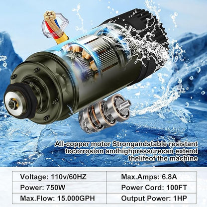 Pond Fountain Aerator 1 HP, 750 W 15,000 GPM 110V/120V Includes 100-foot Power Cord Pond Aerator Multi-Function Timer Ond Fountain Suitable for Ponds and Lakes