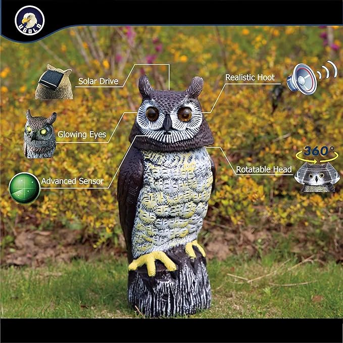 Solar Powered Owl with Motion Detection, Silent Mode, Flashing Eyes, Rotatable Head and Realistic Hoots, Plastic Owl Decoration for Home, Garden, Patio and Fence