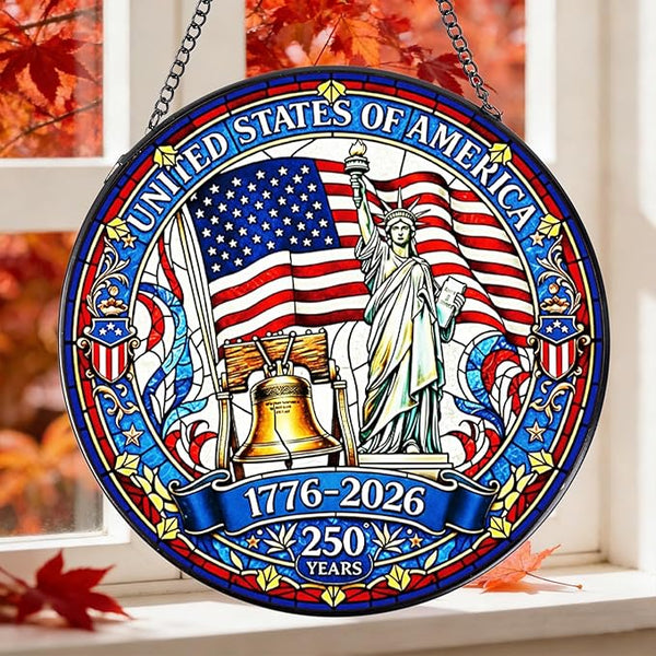 Rngmsi 250th Anniversary Stained Glass Window Hanging, 7.8″ Patriotic Sun Catchers with Hook Indoor Window Decor Gift, 4th of July Sun Catchers Ornaments Home Garden Art for Women Men
