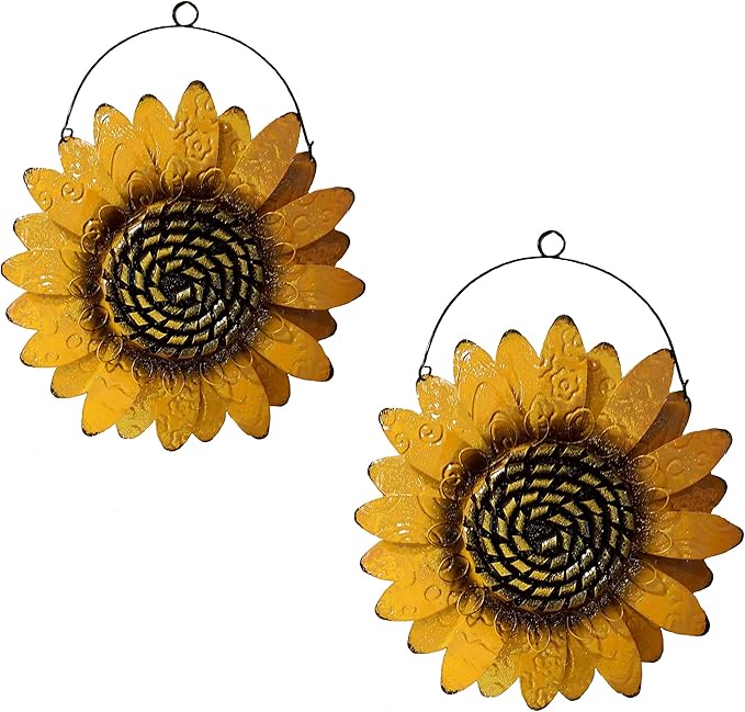 SeasonsEasy Metal Sunflower Wall Decor, Set of 2 Yellow Floral Wall Decoration with Wire Hanger for Living Room, Bedroom, Kitchen, Bathroom Decor, Outdoor Garden and Patio Wall Art