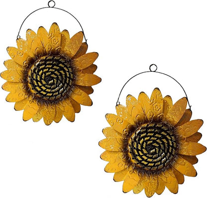 SeasonsEasy Metal Sunflower Wall Decor, Set of 2 Yellow Floral Wall Decoration with Wire Hanger for Living Room, Bedroom, Kitchen, Bathroom Decor, Outdoor Garden and Patio Wall Art