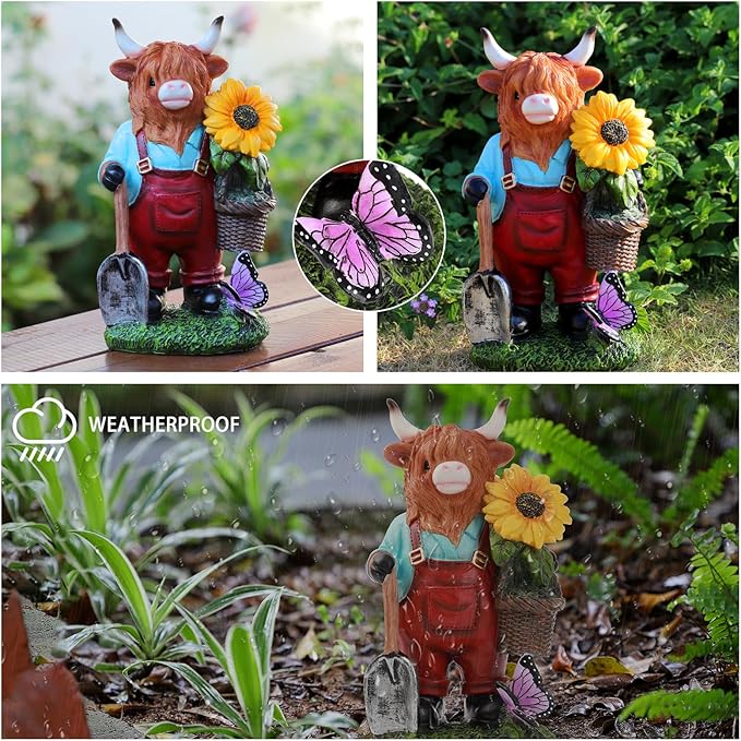 Outdoor Highland Cow Garden Statue with Sunflower Basket, Handmade Resin Figurine for Yard Patio Lawn Decor, Birthday Gifts for Women & Mom